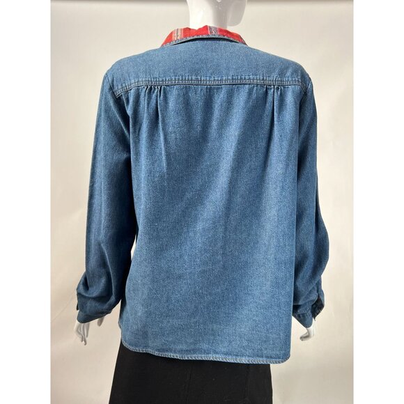 Vintage Denim Shirt With Red Plaid Collar & Pocket Button-Up Size M/L By Thoma 1 - Picture 13 of 16